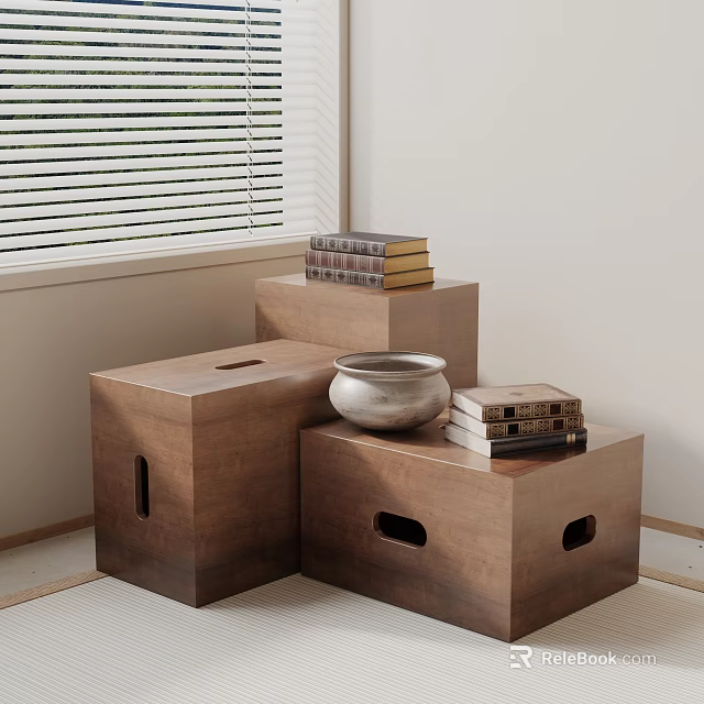Stacked Books On Wooden Boxes With Ceramic Vase Near Window Blinds 3d model 