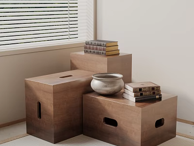 Stacked Books On Wooden Boxes With Ceramic Vase Near Window Blinds 3d model