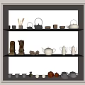 Elegant Tea Set Collection Displayed On Shelves With Various Teapots And Cups 3d model