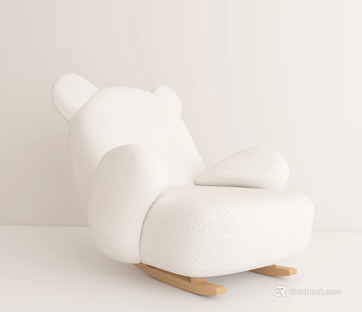 White Teddy Bear Ear Plush Rocking Chair With Wooden Legs Design 3d model 