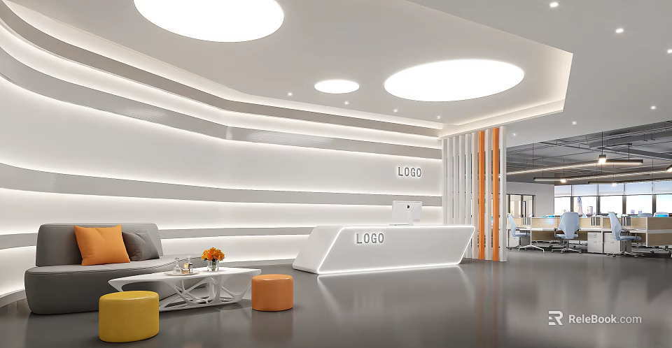Modern Reception Area With White Counter Logo Sofa Orange Cushions Round Lights Stools 3d model 