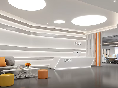 Modern Reception Area With White Counter Logo Sofa Orange Cushions Round Lights Stools 3d model