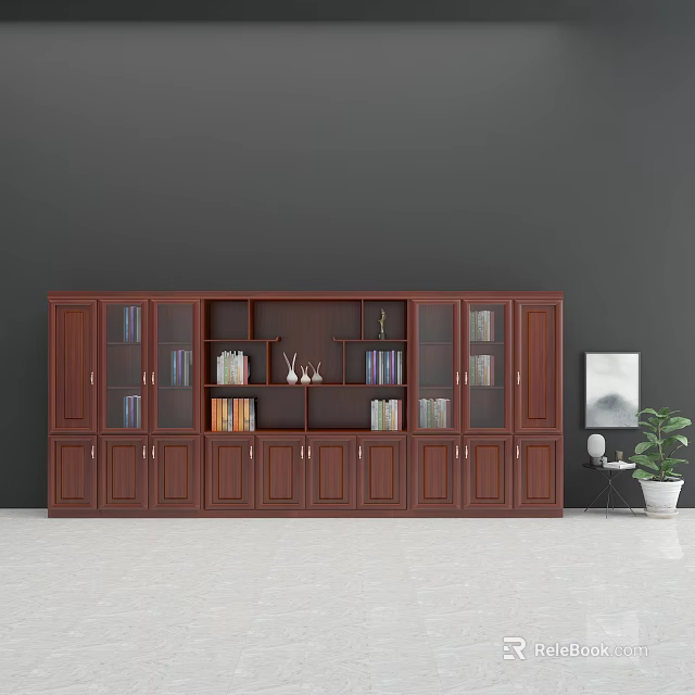 Classic Dark Wooden Bookcase With Glass Doors Multiple Shelves Books And Decorations 3d model 