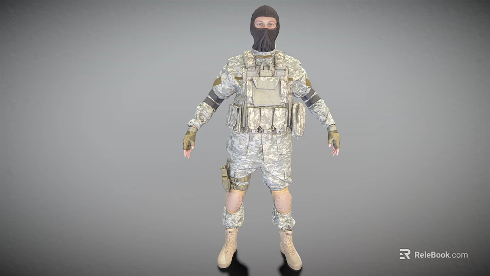 3D Military Character Model in Camouflage Uniform with Tactical Vest Gloves and Boots 3d model 