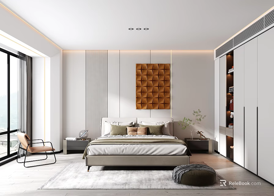 Modern Bedroom Interior Design With Geometric Decorative Panel Large Window And Built In Wardrobe 3d model