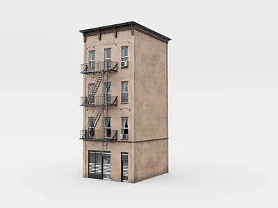Weathered Old Brick Multi Story Building With Fire Escape Ladder Windows And Ground Floor Entrance 3d model