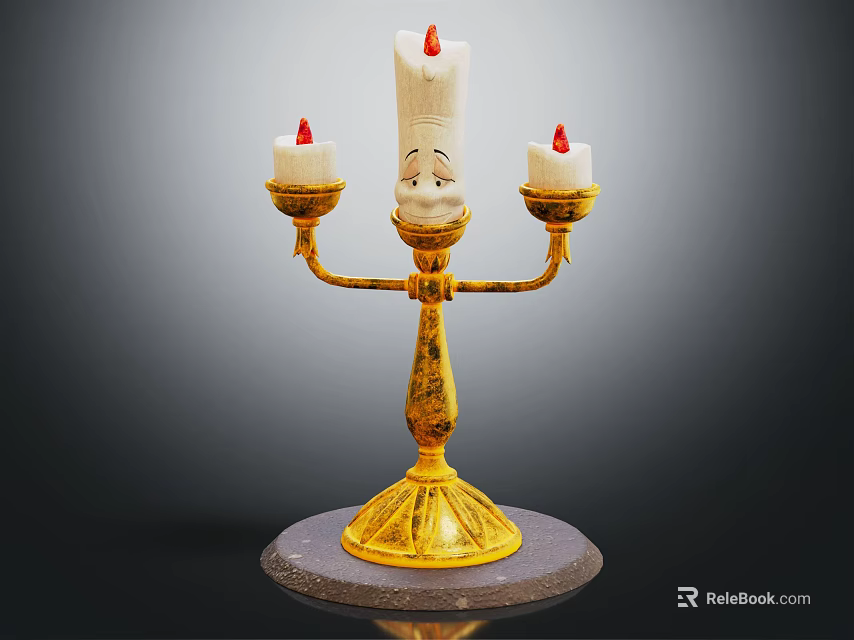 Ornate Gold Candelabra With Three Candles And Elegant Marble Base Design 3d model 