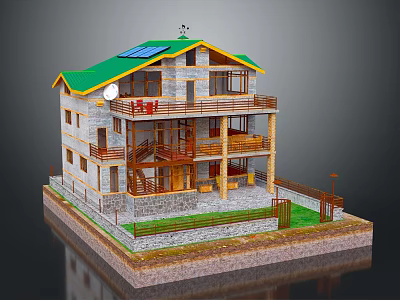 Cartoon House Scene With Green Roof Solar Panels Stone Wooden Structure And Multi Level Balconies 3d model