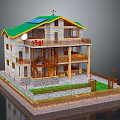 Cartoon House Scene With Green Roof Solar Panels Stone Wooden Structure And Multi Level Balconies