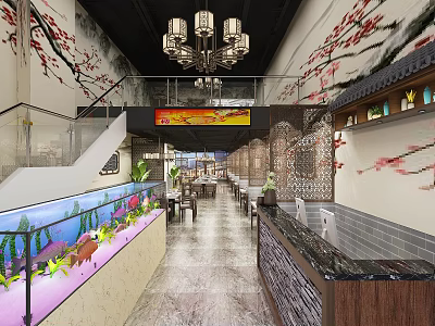 Traditional Hot Pot Restaurant Interior With Chinese Decor Fish Tank And Staircase Design 3d model