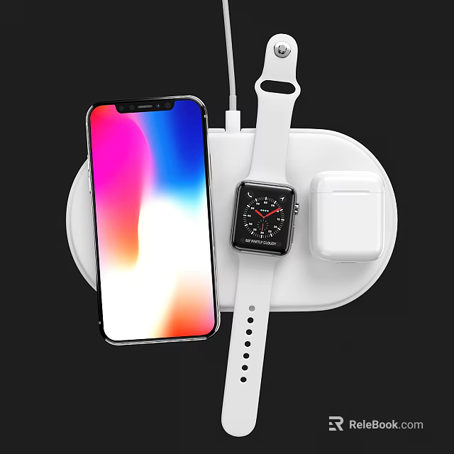 Smartphone Smartwatch and Wireless Earbuds Charging Together on White Wireless Charging Dock 3d model 