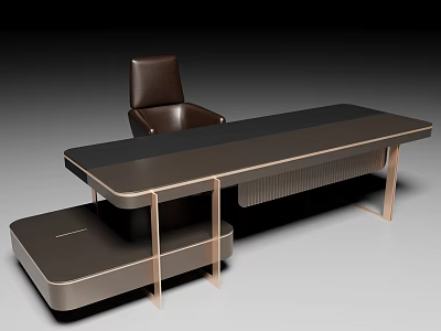 Sleek Modern Office Desk Design With Dark Tabletop And Brown Chair 3d model