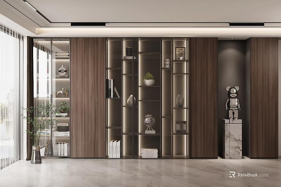 Modern Wooden Bookcase Design With Open Shelves Books Decor Items And Plants 3d model 