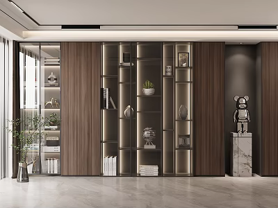 Modern Wooden Bookcase Design With Open Shelves Books Decor Items And Plants 3d model