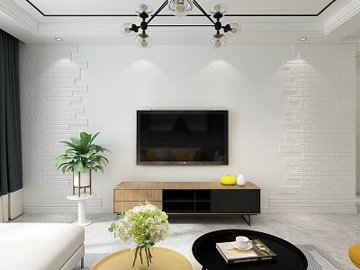 Modern Minimalist Living Dining Room Interior With White Brick Wall TV And Wooden Stand 3d model