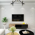 Modern Minimalist Living Dining Room Interior With White Brick Wall TV And Wooden Stand
