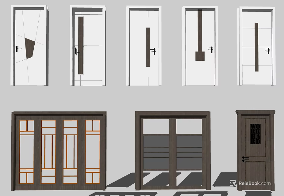 Various Design Swing Doors With Glass Panels And Different Frame Styles 3d model