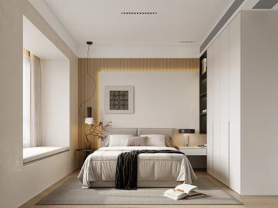 Modern Minimalist Bedroom Interior With Bedside Tables Built in Wardrobe Decorative Painting and Window Sill 3d model