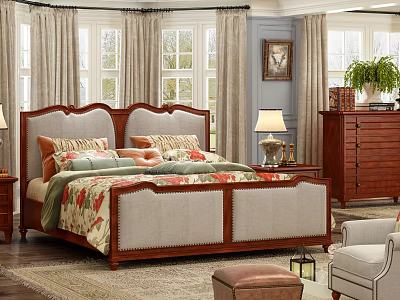 Elegant Double Bed with Upholstered Headboard Wooden Frame Nightstand Lamp Curtains Dresser and Plant 3d model