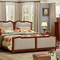 Elegant Double Bed with Upholstered Headboard Wooden Frame Nightstand Lamp Curtains Dresser and Plant