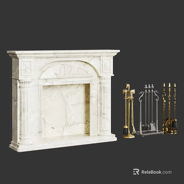 Elegant White Marble Fireplace With Arched Mantel And Brass Silver Tools 3d model