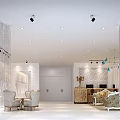 Elegant Bridal Shop Interior with Wedding Gown Display Reception Desk and Decorative Lights