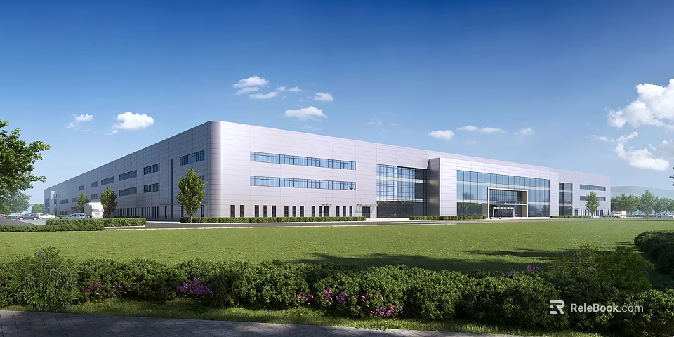 Modern Industrial Factory Building with Metallic Exterior Glass Windows and Green Lawn Landscaping 3d model 