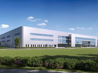 Modern Industrial Factory Building with Metallic Exterior Glass Windows and Green Lawn Landscaping 3d model