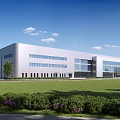 Modern Industrial Factory Building with Metallic Exterior Glass Windows and Green Lawn Landscaping
