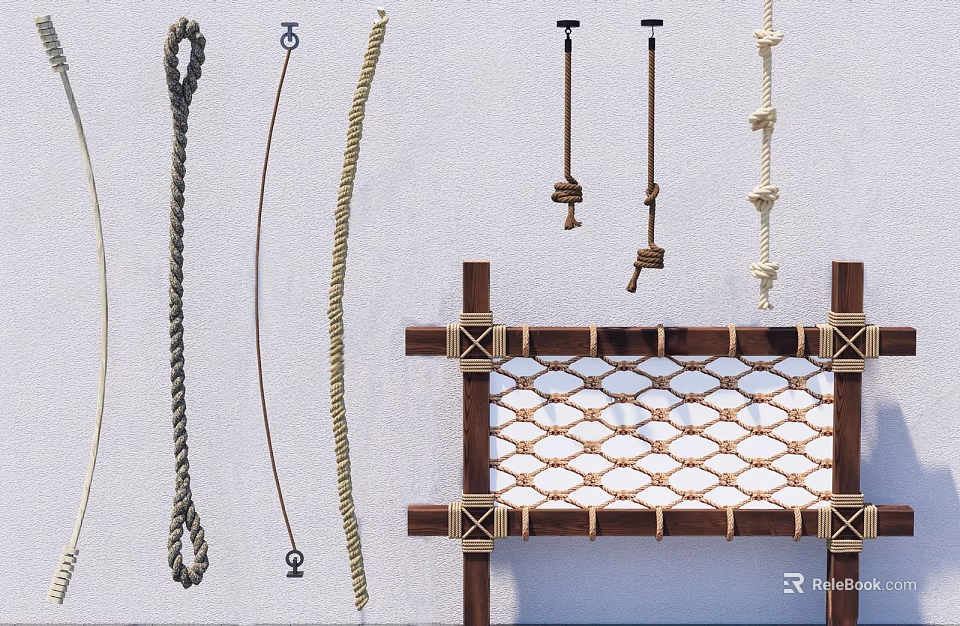 Assorted Decorative Ropes Wooden Frame and Rope Net Design Elements 3d model 