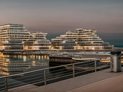 Layered Modern Waterfront Building Complex With Twilight Reflections And Architectural Design 3d model