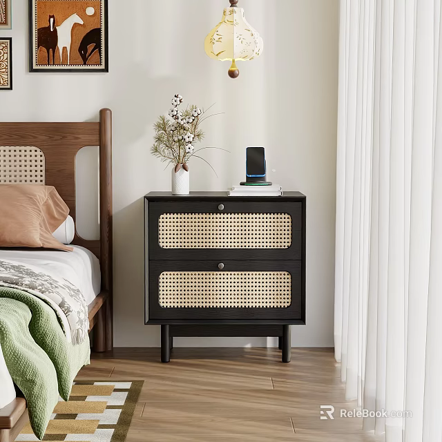 Modern Bedroom with Wooden Headboard Black Rattan Nightstand Green Blanket and White Curtains 3d model 