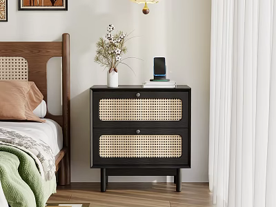 Modern Bedroom with Wooden Headboard Black Rattan Nightstand Green Blanket and White Curtains 3d model