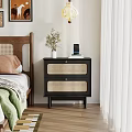 Modern Bedroom with Wooden Headboard Black Rattan Nightstand Green Blanket and White Curtains