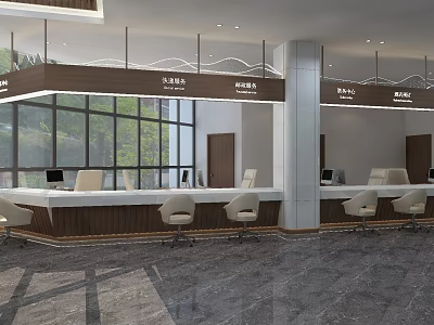 Modern Service Hall With Service Counters Marble Countertops Chairs And Large Windows 3d model