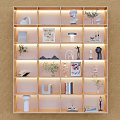 Modern Grid Style Bookshelf With Built In Lighting Decorative Items And Books