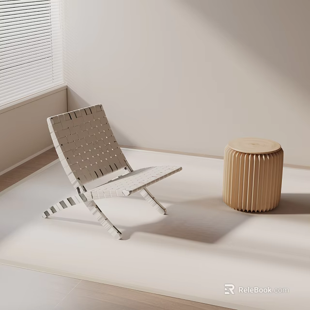 Leisure Chair with Woven Design and Striped Cylindrical Stool in Minimalist Interior 3d model 