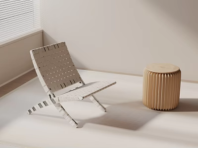 Leisure Chair with Woven Design and Striped Cylindrical Stool in Minimalist Interior 3d model