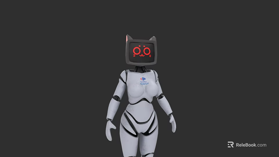 White Humanoid Robot With Cat Ear Monitor P.O. Screen And Black Line Details 3d model 