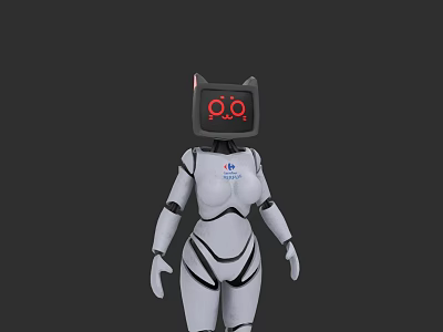 White Humanoid Robot With Cat Ear Monitor P.O. Screen And Black Line Details 3d model