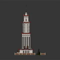 White and Red Tower Architecture with Spire Flag Base Green Plants and Square Area 3d model