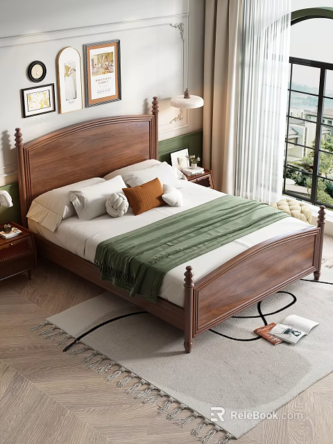Wooden Double Bed With Green Blanket White Sheets Pillows Nightstands And Window Curtains 3d model 