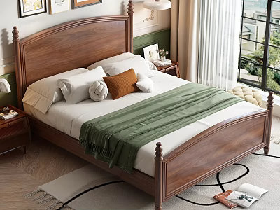 Wooden Double Bed With Green Blanket White Sheets Pillows Nightstands And Window Curtains 3d model