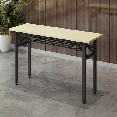Office Desk With Light Yellow Top Black Metal Frame Wooden Wall And Potted Plant 3d model