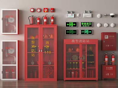 Red Fire Equipment Cabinets With Extinguishers Alarms And Emergency Exit Lights 3d model