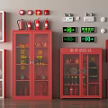 Red Fire Equipment Cabinets With Extinguishers Alarms And Emergency Exit Lights