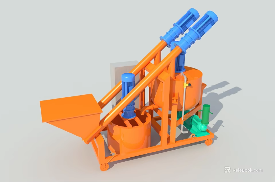 Industrial Mixing Equipment With Orange Body Blue Spiral Conveyors Feeding Hopper And Movable Base 3d model 