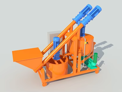 Industrial Mixing Equipment With Orange Body Blue Spiral Conveyors Feeding Hopper And Movable Base 3d model