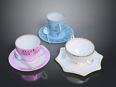 Colorful Tea Cups Saucers and Spoons with Pink Blue White Patterns and Gold Trim 3d model