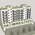 Multi Story Apartment Building Exterior With Balconies And Trees Under Blue Sky